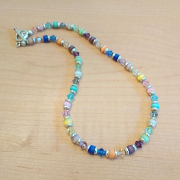 Sterling Silver Necklace with Multi Color Cats Eye Like & Glass Beads - Picture 4 of 6